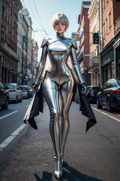 A Russian young man having long legs, thick thighs, large hips, thin and narrow weist, big large feminine body, long legs, thick thighs, large wide hips, very small spikey boyish haircut, wearing metallic silver armour covered whole body, penis growing in his leggings, Street, dynamic pose, very large wide hips, man man