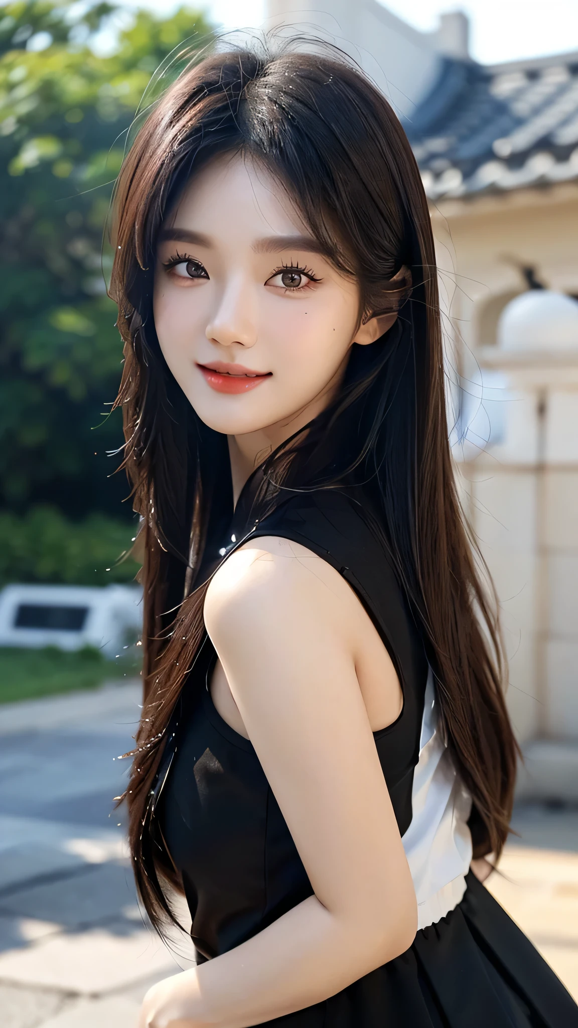 masterpiece、top-quality)、1 beautiful girl、((Wearing black sunglasses )), (Detailed beautiful eyes), ((Detailed skin)) , ((Detailed medium hair)), in the white villa、((Boyish Brown Medium Hair))、((Smaller face))、((Neutral face))、((Face seen from the side))、((Light brown eyes))、((Korean Girl))、((18year old))、((cool lady))、((A shy smile on his face))、((Korean Makeup))、((elongated and sharp eyes))、((Happy dating))、((boyish))、((Shot from the same height as your face)、full body , RAW photos, on the white villa ), ((CG rendering)), ((Blurred background)), ((16K)), ((Very detailed)), ((wallpaper)), ((depth of field)), ((movie light)), (( Ray tracing)).