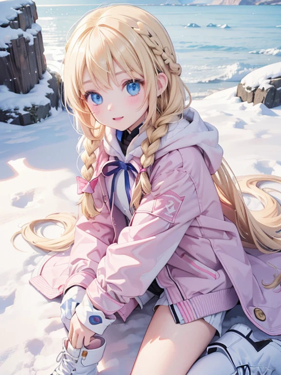(8k, highest quality, Tabletop:1.2)、Ultra-high resolution, Detailed face, One 10-year-old girl, blue eyes, Blonde, Braid, Long Hair, Hood on head, Pink Coat, gloves, boots, Pants look, Snow Mountain, it's snowing, Snow around, Snow Mountainを散歩中