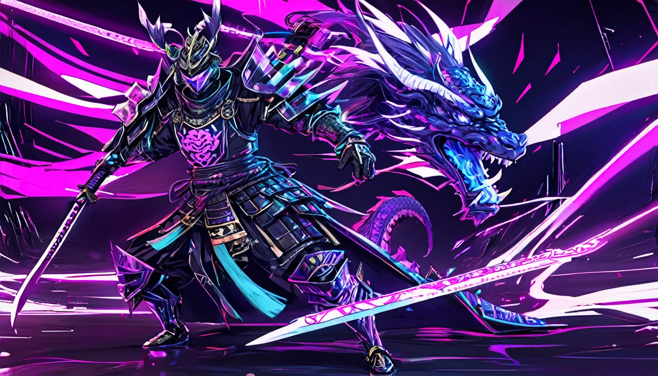 A samurai warrior is garbed in liquid metal armor with many dragon designs, wielding a neon lit blade, in a cyber punk arena, show full body