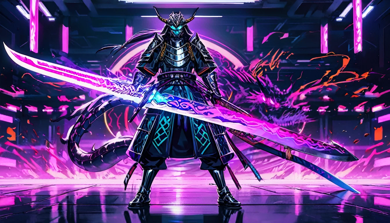 A samurai warrior is garbed in liquid metal armor with many dragon designs, wielding a neon lit blade, in a cyber punk arena, show full body