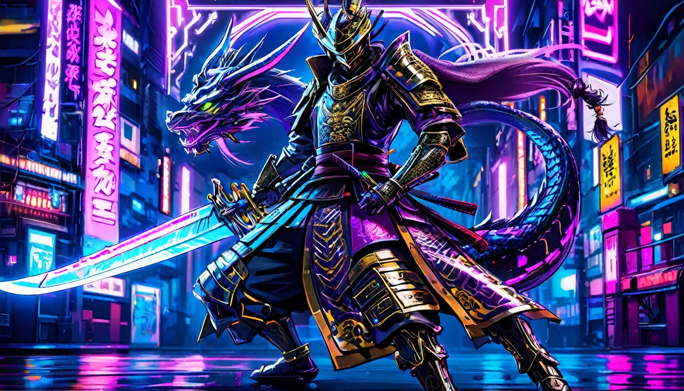 A samurai warrior is garbed in liquid metal armor with many dragon designs, wielding a neon lit blade, in a cyber punk arena, show full body