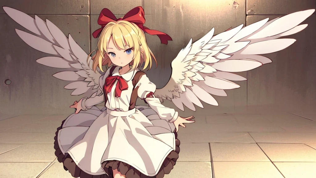 masterpiece, best quality, 1girl, solo, 10 years old, medium blonde hair, forehead visible bangs, hair flaps, ribbon on head, well-formed face, blonde eyes, angel girl, standing collar, nehru collar, white blouse, long sleeves, red ribbon, angel wings, red thick suspenders, long white skirt, long maxi-skirt, very long skirt, wide shot, full body shot, simple background