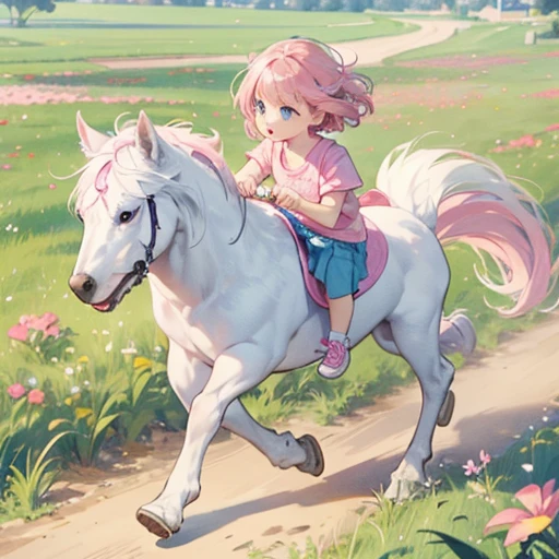 HorsesHuge White Dog、Dog with black toes、One 、7 years old、Big eyes、blue eyes、Pink Hair、short hair、T-Shirts,mini skirt,Pink Pochette,Pink sneakers、Running astride a dog、flower,grassland、