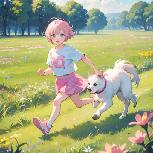 HorsesHuge White Dog、Dog with black toes、One 、7 years old、Big eyes、blue eyes、Pink Hair、short hair、T-Shirts,mini skirt,Pink Pochette,Pink sneakers、Running astride a dog、flower,grassland、