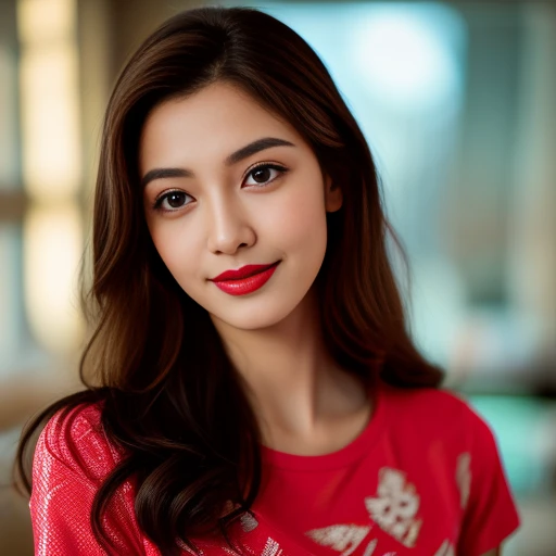 8K images, Shot with a high quality Fuji 45 camera..,000,Raw Photos 45,000,000 pixels,Warm light,) best quality, Masterpiece:1.2), (realistic, photo-realistic:1.37), very detailed,
1 woman,cute, Dark makeup, beauty salon ,) Actions in various postures, alone, red flower,Beautifully detailed sky,at night, Chest 34 inches", charming smile, wide aperture, Warm light, professional lighting, Sony A7R4, 50 mm sitting lens. ,Beautifully detailed eyes,(Bright red patterned t-shirt, Long hair floats up:1.2),floating hair