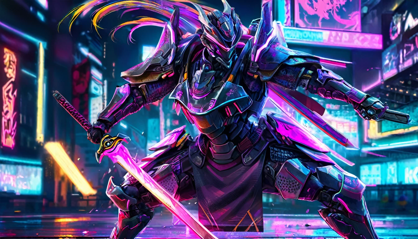 A samurai warrior in liquid metal armor with dragon designs, wielding a neon lit blade, in a cyberpunk arena, full body, (best quality,4k,8k,highres,masterpiece:1.2),ultra-detailed,(realistic,photorealistic,photo-realistic:1.37),HDR,UHD,studio lighting,ultra-fine painting,sharp focus,physically-based rendering,extreme detail description,professional,vivid colors,bokeh,cyberpunk,science fiction,mecha