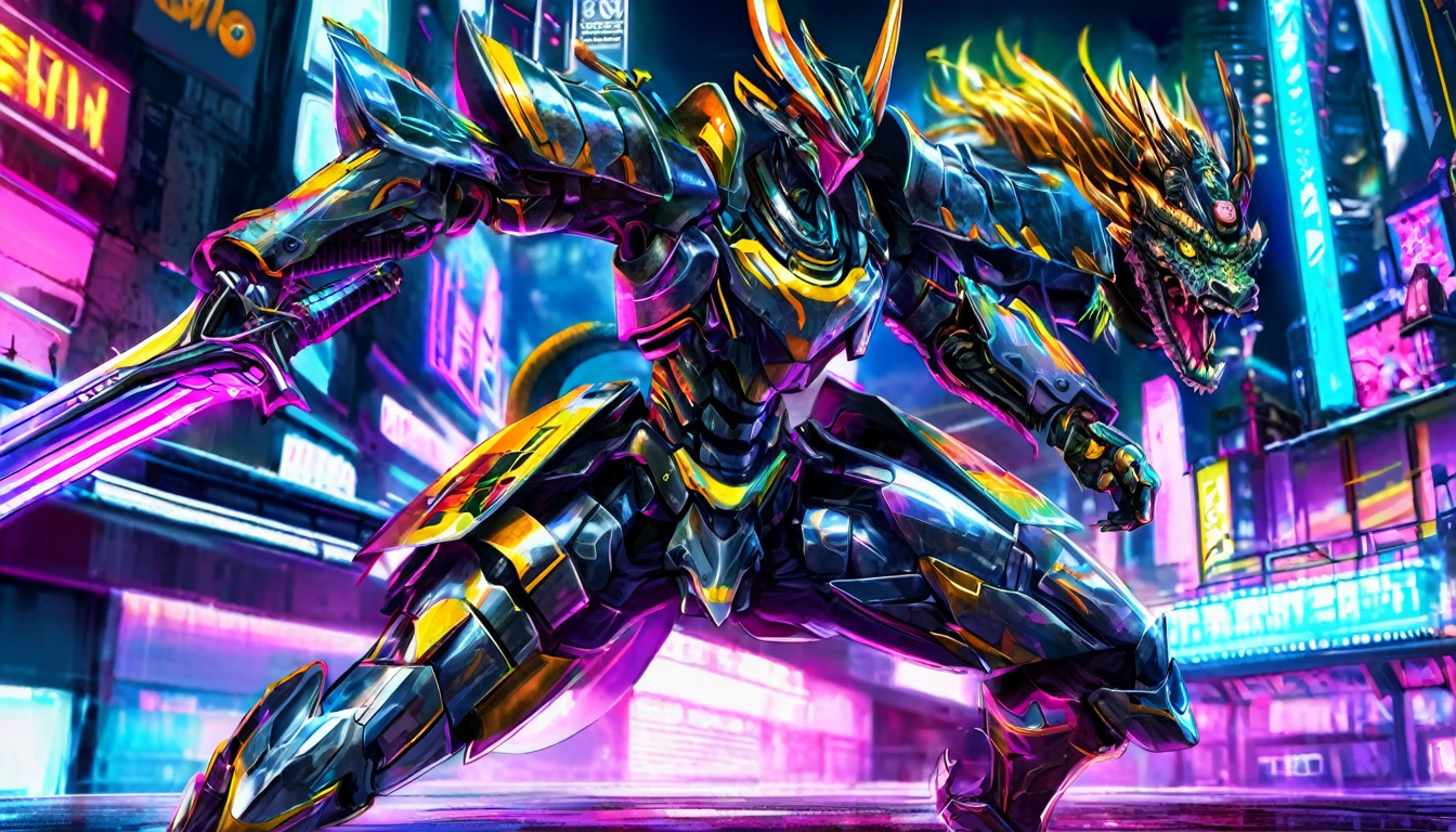 A samurai warrior in liquid metal armor with dragon designs, wielding a neon lit blade, in a cyberpunk arena, full body, (best quality,4k,8k,highres,masterpiece:1.2),ultra-detailed,(realistic,photorealistic,photo-realistic:1.37),HDR,UHD,studio lighting,ultra-fine painting,sharp focus,physically-based rendering,extreme detail description,professional,vivid colors,bokeh,cyberpunk,science fiction,mecha