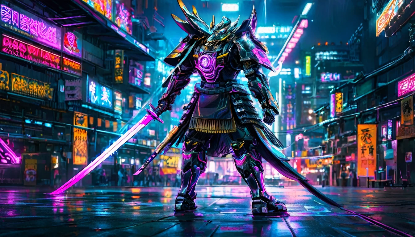A samurai warrior in liquid metal armor with dragon designs, wielding a neon lit blade, in a cyberpunk arena, full body, (best quality,4k,8k,highres,masterpiece:1.2),ultra-detailed,(realistic,photorealistic,photo-realistic:1.37),HDR,UHD,studio lighting,ultra-fine painting,sharp focus,physically-based rendering,extreme detail description,professional,vivid colors,bokeh,cyberpunk,science fiction,mecha