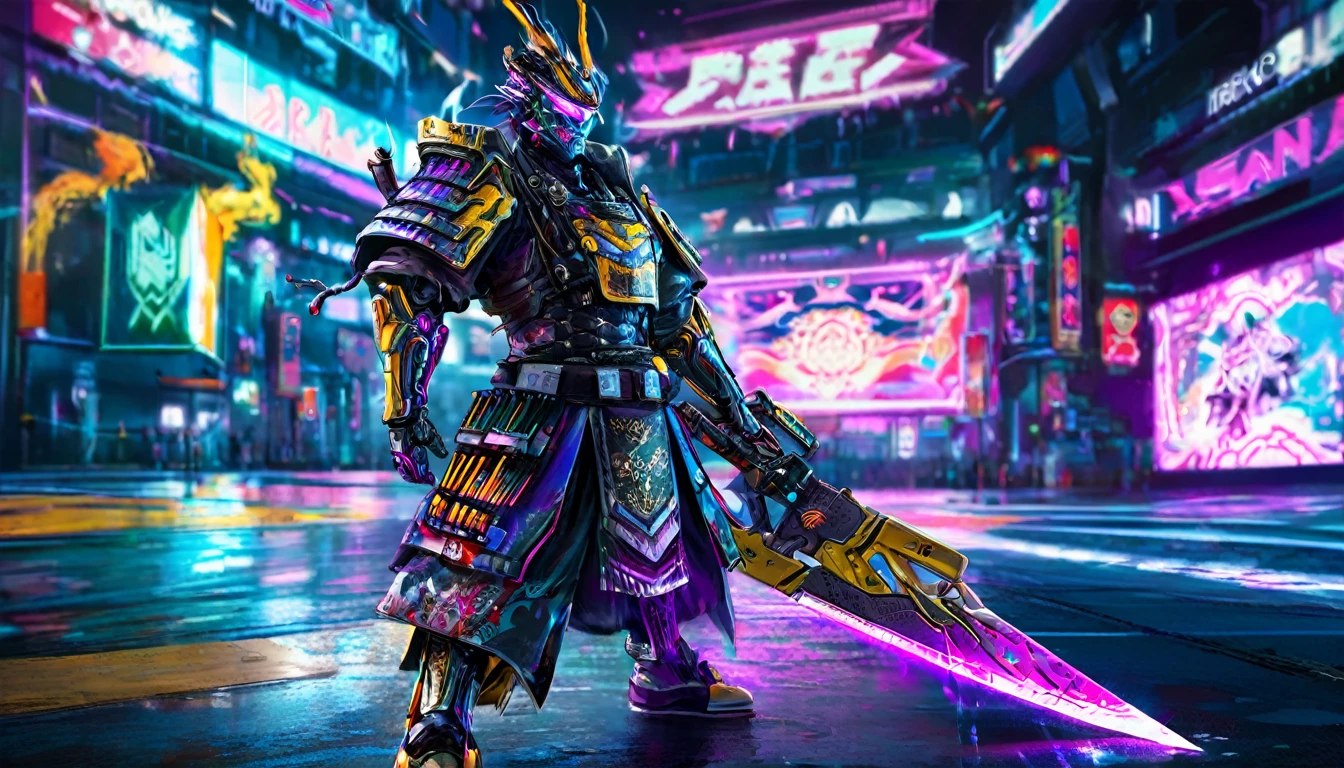 A samurai warrior in liquid metal armor with dragon designs, wielding a neon lit blade, in a cyberpunk arena, full body, (best quality,4k,8k,highres,masterpiece:1.2),ultra-detailed,(realistic,photorealistic,photo-realistic:1.37),HDR,UHD,studio lighting,ultra-fine painting,sharp focus,physically-based rendering,extreme detail description,professional,vivid colors,bokeh,cyberpunk,science fiction,mecha