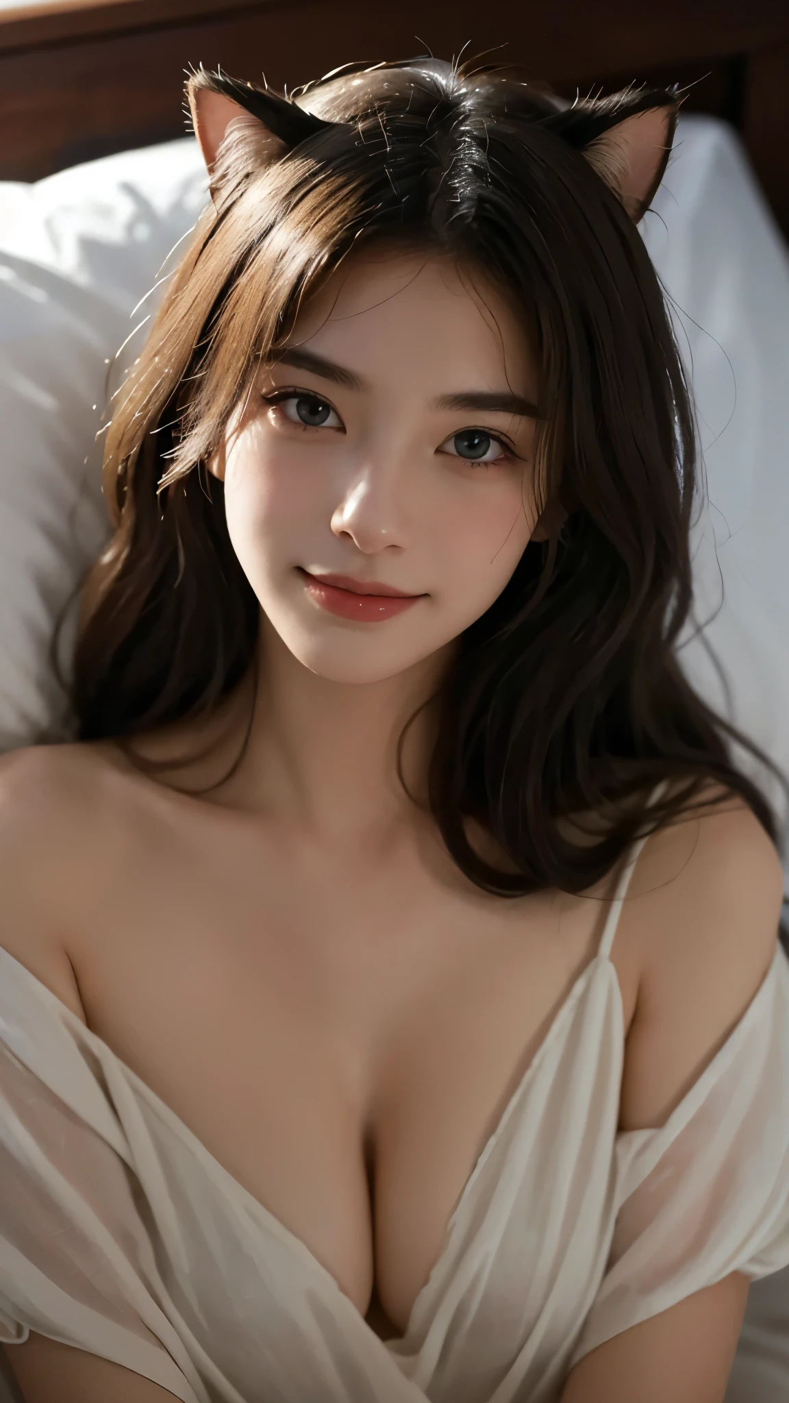 Best quality,masterpiece,Ultra-high resolution,RAW photos, Cat ears,cute,In the light,deep shadow,Low profile,Cold Light,sexy look,Long hair,((best quality: 1.5)) ((masterpiece: 0.8)), Intricate details, Clear focus, professional, real life, Real facial expression, Dynamic poses, ((([Large breasts:0.8])))),Lying on the bed,Charming smile,frivolous,charming,enchanting,Enchantress,,