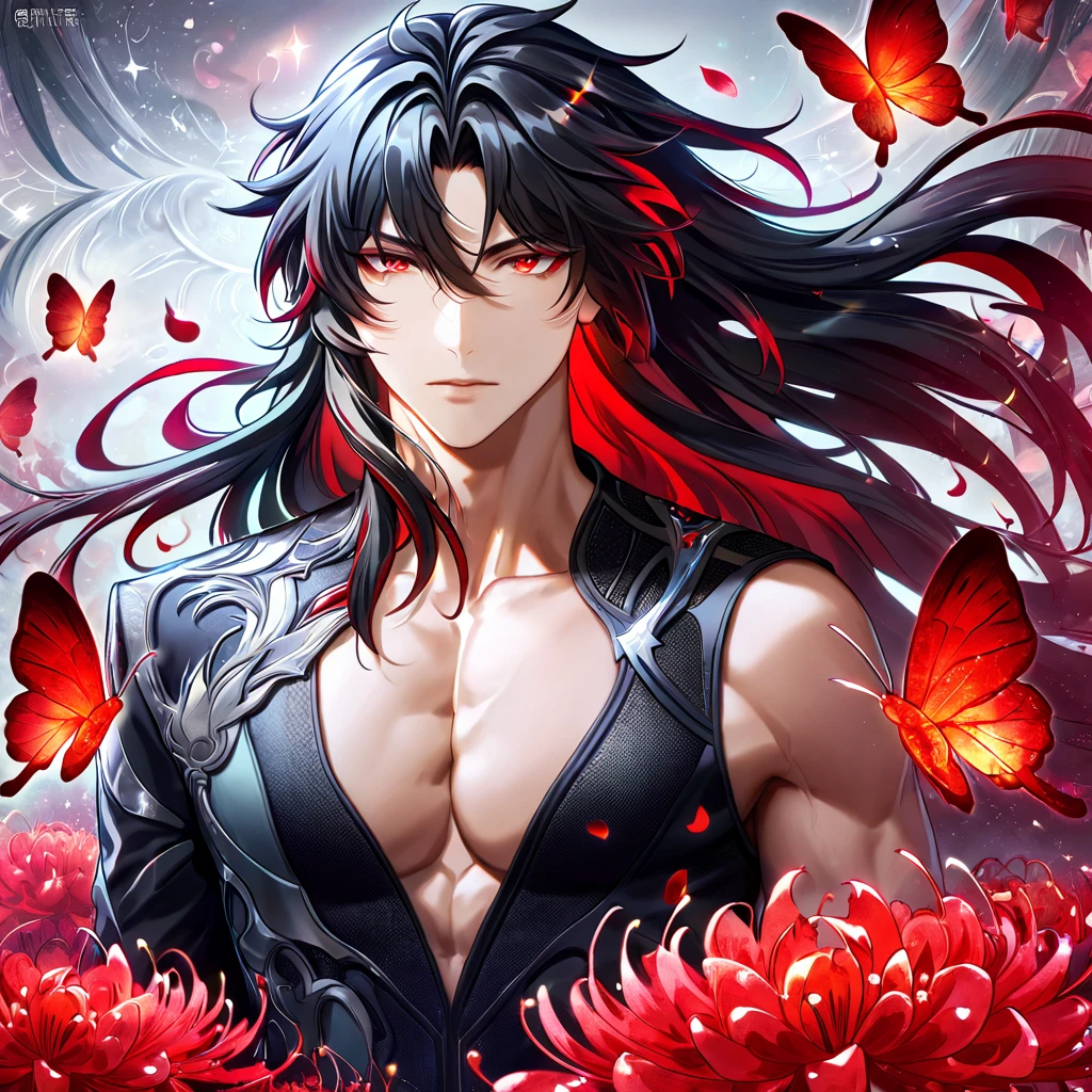 (absurdres, highres, ultra detailed, HDR) master piece, best quality, Ren, black long hair, expressive red eyes, honkai star rail, solo, sexy man, handsome, toned chest, black clothes, patterns, magical fantasy, red butterflies, glittering, sparkling, red spider lilies, petals, radiant