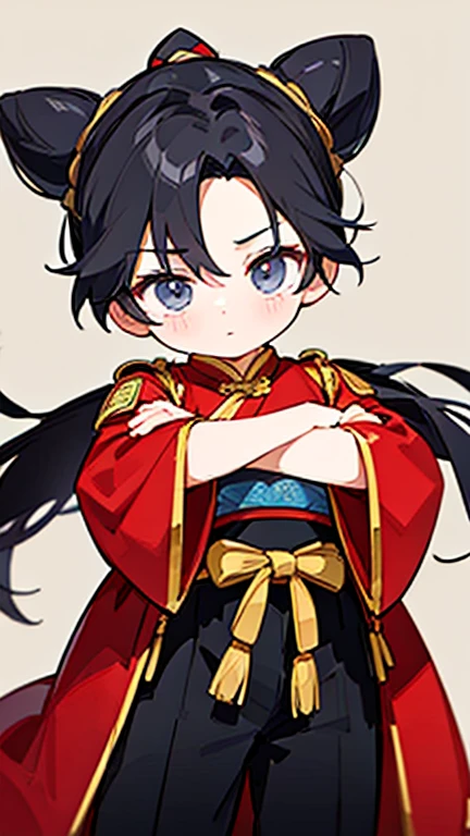 Three Kingdoms、Boy in ancient Chinese costume、Intelligent boy、Looking into the camera、There is a topknot on the head、Long sleeve、Hanfu、Black Hair、Standing and posing with arms crossed、Part your bangs down the middle