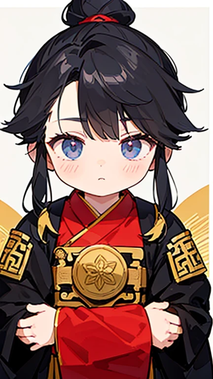 Three Kingdoms、Boy in ancient Chinese costume、Intelligent boy、Looking into the camera、There is a topknot on the head、Long sleeve、Hanfu、Black Hair、Standing and posing with arms crossed、Part your bangs down the middle