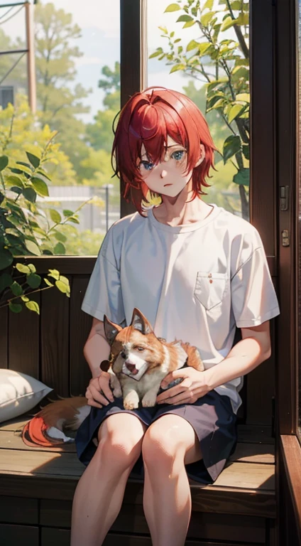 High level of image quality,high quality,Boy plays with red-haired wolf cub(18 years old), sad eyes, Sad face, despair, sad, Delicate face