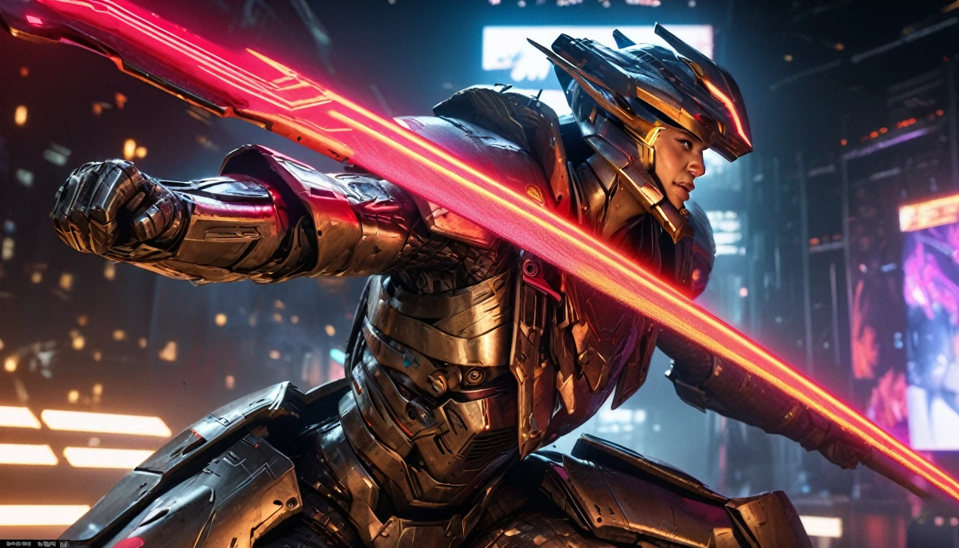 A samurai warrior in liquid metal armor with dragon designs, wielding a neon lit blade, in a cyberpunk arena, full body, (best quality,4k,8k,highres,masterpiece:1.2),ultra-detailed,(realistic,photorealistic,photo-realistic:1.37),HDR,UHD,studio lighting,ultra-fine painting,sharp focus,physically-based rendering,extreme detail description,professional,vivid colors,bokeh,cyberpunk,science fiction,mecha