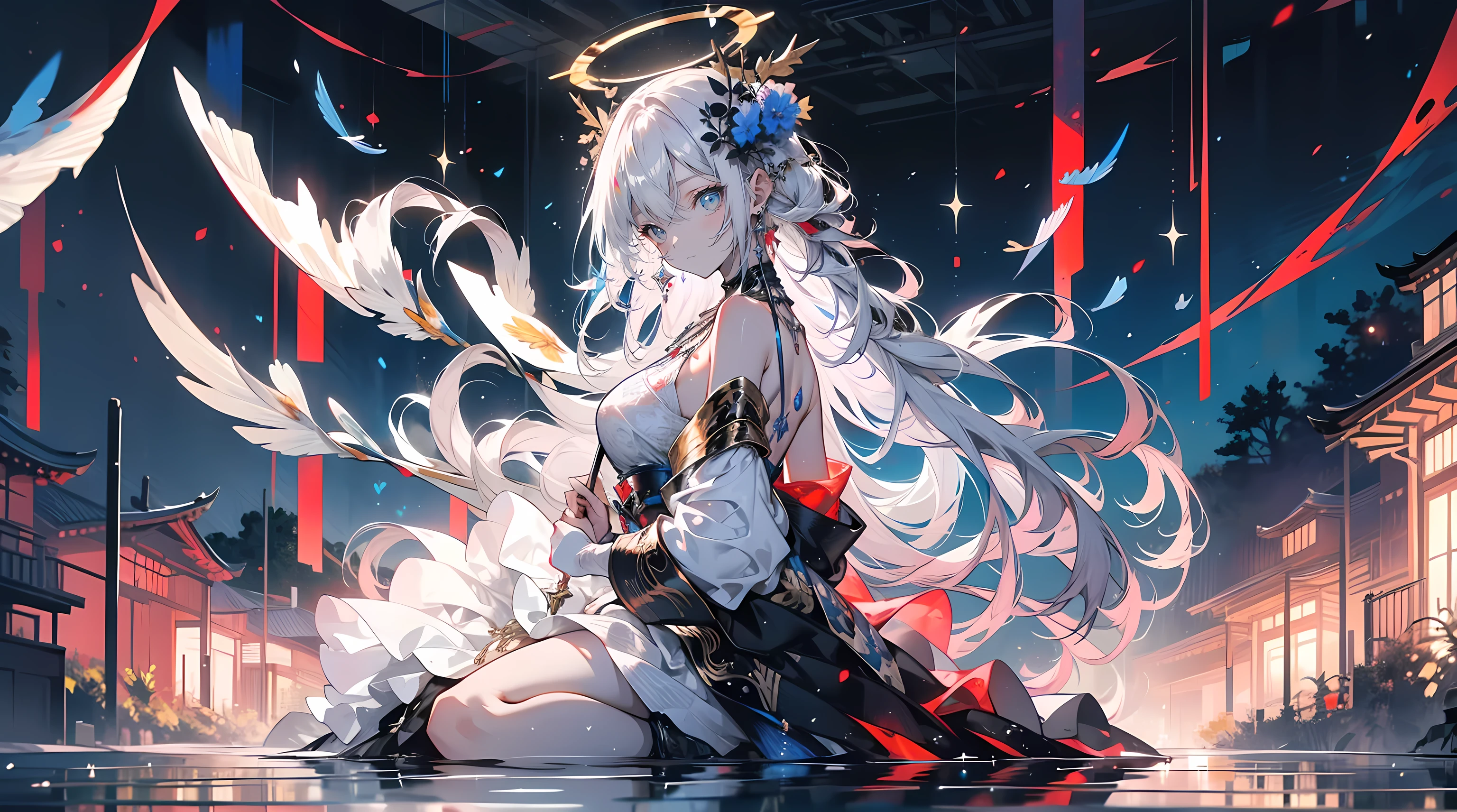 (((tmasterpiece))), (((best qualtiy)))), offcial art, the Extremely Detailed CG Unity 8K Wallpapers, ((sketching))), the night, Sateen, Beautiful detailed sky, beautiful detailed water, GameCG, hugefilesize, sketching, solo, Girl,angelicales, long whitr hair, whaite hair, Wet hair, hair between eye, Hair behind the ears, white colored eyelasheeatiful detailed eyepressionless eyes, yellow eyes, half closed eyes, shoe, The halo, Cross necklace, looking-down,blown hair, Feather ornament, leaf hair ornament, ln the forest, by lake, ((flatchest))), (((Black robe))), longer sleeveandagens, white blindfold, elvish ears, (((Golden wingenghuang,Phoenix wings,holy rays