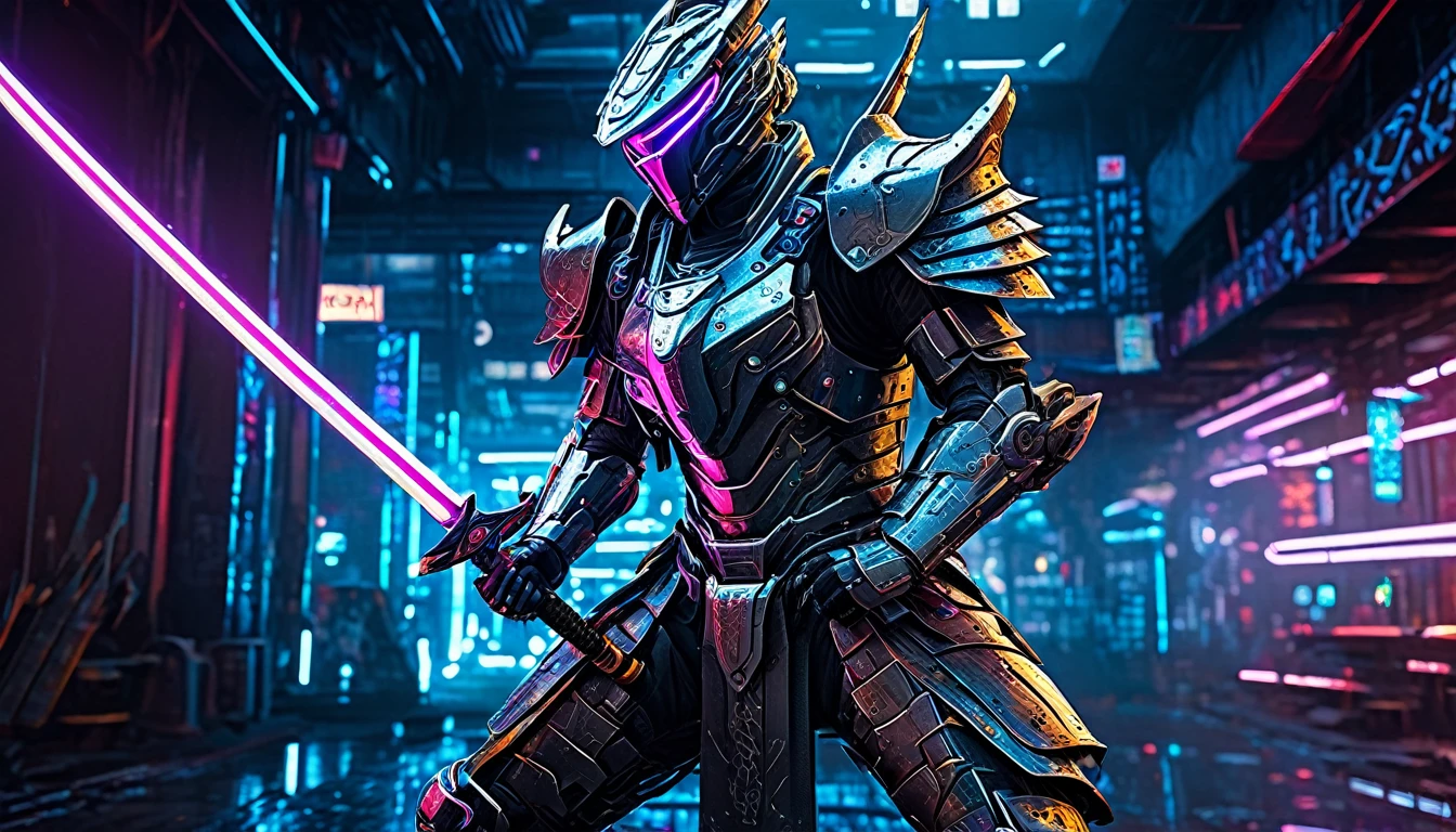 A samurai warrior in liquid metal armor with dragon designs, wielding a neon lit blade, in a cyberpunk arena, full body, (best quality,4k,8k,highres,masterpiece:1.2),ultra-detailed,(realistic,photorealistic,photo-realistic:1.37),HDR,UHD,studio lighting,ultra-fine painting,sharp focus,physically-based rendering,extreme detail description,professional,vivid colors,bokeh,cyberpunk,science fiction,mecha