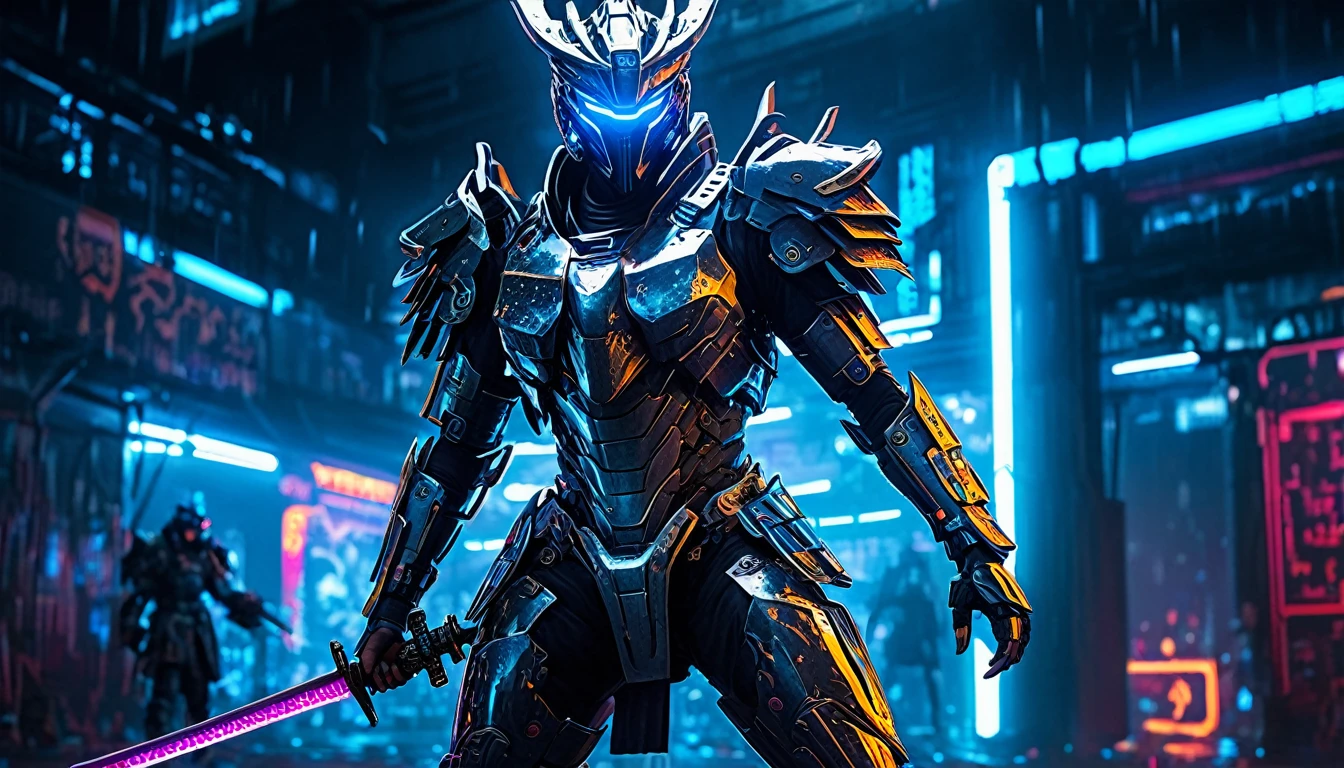 A samurai warrior in liquid metal armor with dragon designs, wielding a neon lit blade, in a cyberpunk arena, full body, (best quality,4k,8k,highres,masterpiece:1.2),ultra-detailed,(realistic,photorealistic,photo-realistic:1.37),HDR,UHD,studio lighting,ultra-fine painting,sharp focus,physically-based rendering,extreme detail description,professional,vivid colors,bokeh,cyberpunk,science fiction,mecha