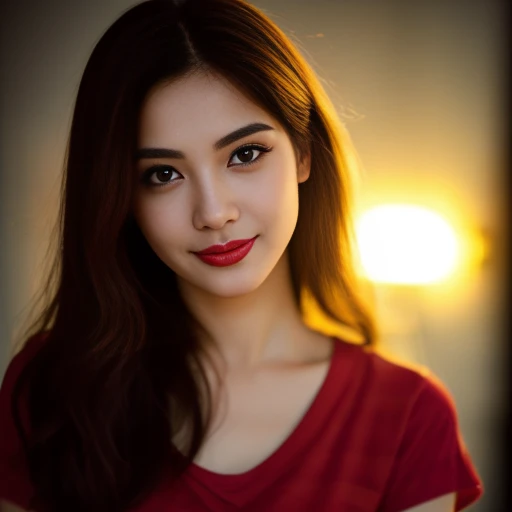 8K images, Shot with a high quality Fuji 45 camera..,000,Raw Photos 45,000,000 pixels,Warm light,) best quality, Masterpiece:1.2), (realistic, photo-realistic:1.37), very detailed,
1 woman,cute, Dark makeup, beauty salon ,) Actions in various postures, alone, red flower,Beautifully detailed sky,at night, Chest 34 inches", charming smile, wide aperture, Warm light, professional lighting, Sony A7R4, 50 mm sitting lens. ,Beautifully detailed eyes,(Bright red patterned t-shirt, Long hair floats up:1.2),floating hair
