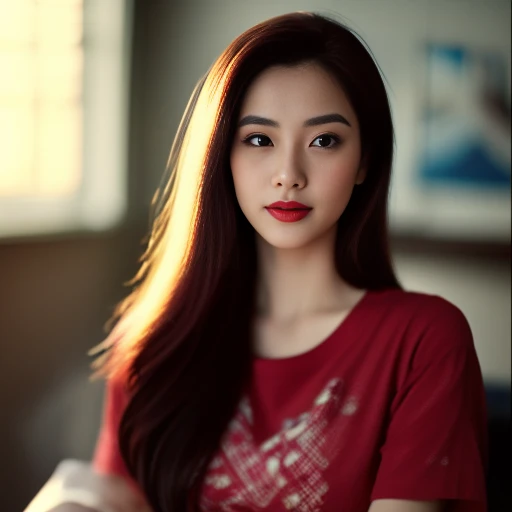 8K images, Shot with a high quality Fuji 45 camera..,000,Raw Photos 45,000,000 pixels,Warm light,) best quality, Masterpiece:1.2), (realistic, photo-realistic:1.37), very detailed,
1 woman,cute, Dark makeup, beauty salon ,) Actions in various postures, alone, red flower,Beautifully detailed sky,at night, Chest 34 inches", charming smile, wide aperture, Warm light, professional lighting, Sony A7R4, 50 mm sitting lens. ,Beautifully detailed eyes,(Bright red patterned t-shirt, Long hair floats up:1.2),floating hair