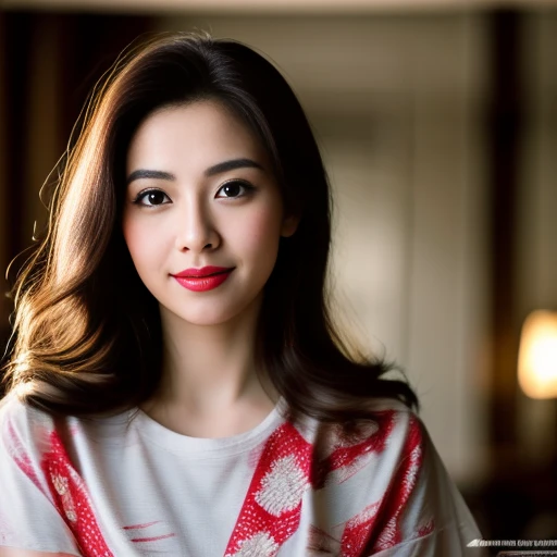 8K images, Shot with a high quality Fuji 45 camera..,000,Raw Photos 45,000,000 pixels,Warm light,) best quality, Masterpiece:1.2), (realistic, photo-realistic:1.37), very detailed,
1 woman,cute, Dark makeup, beauty salon ,) Actions in various postures, alone, red flower,Beautifully detailed sky,at night, Chest 34 inches&quot;, charming smile, wide aperture, Warm light, professional lighting, Sony A7R4, 50 mm sitting lens. ,Beautifully detailed eyes,(Bright red patterned t-shirt, Long hair floats up:1.2),floating hair