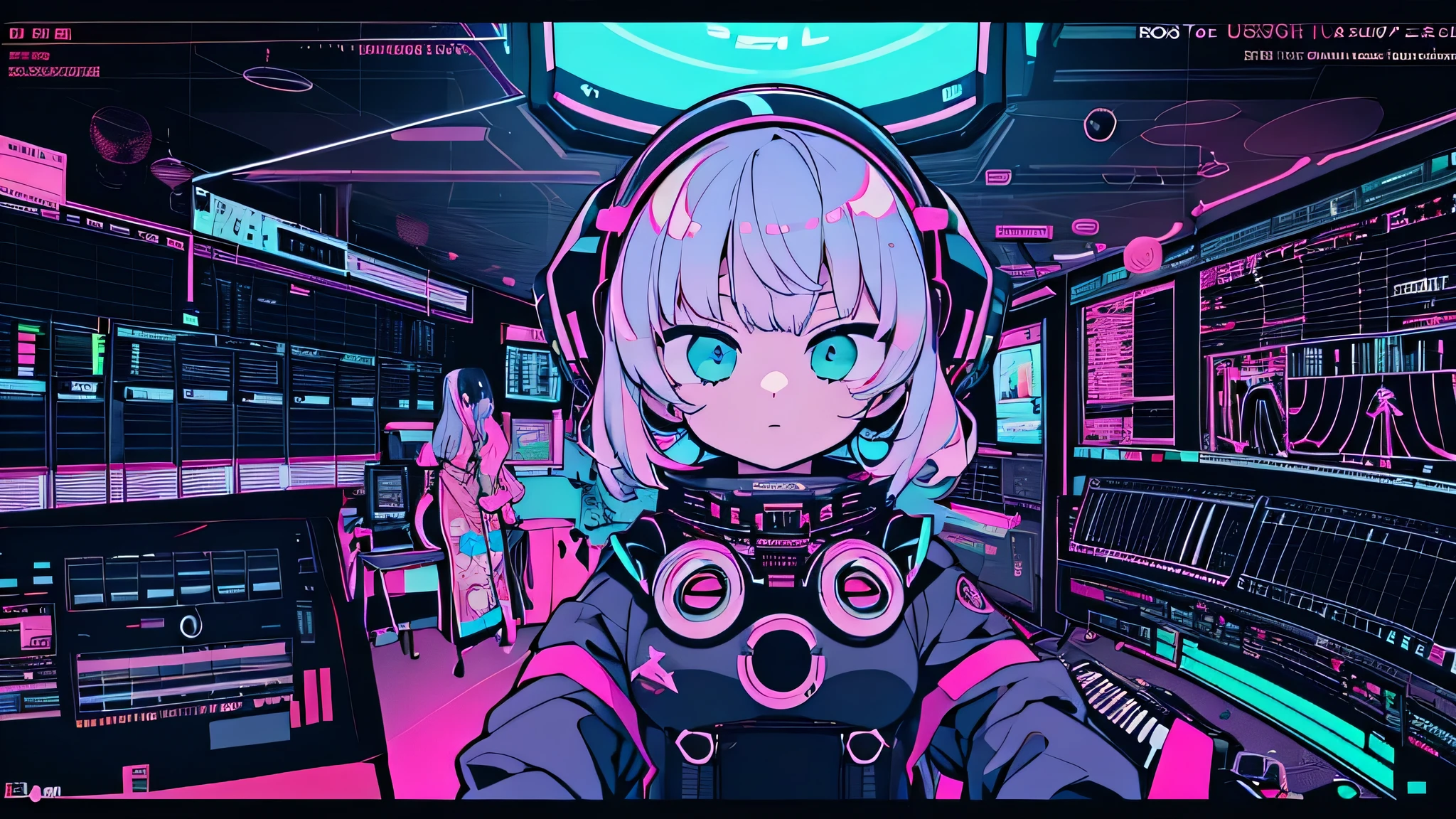Best quality, (masterpiece:1.2), best detail face,1 girl, big breasts, 18 yo, 8k,absurdres,unity 8k wall paper,(extremely detailed:1.3), highest realistic, (headphones:1.1), (soft neon light:1.1), (floating hair:1.2), (psychedelic:1.2), Her room full of music equipment, loungewear, (((Roland TB-303 Synthesizer))), loose loungewear, Looks listless, See the whole room