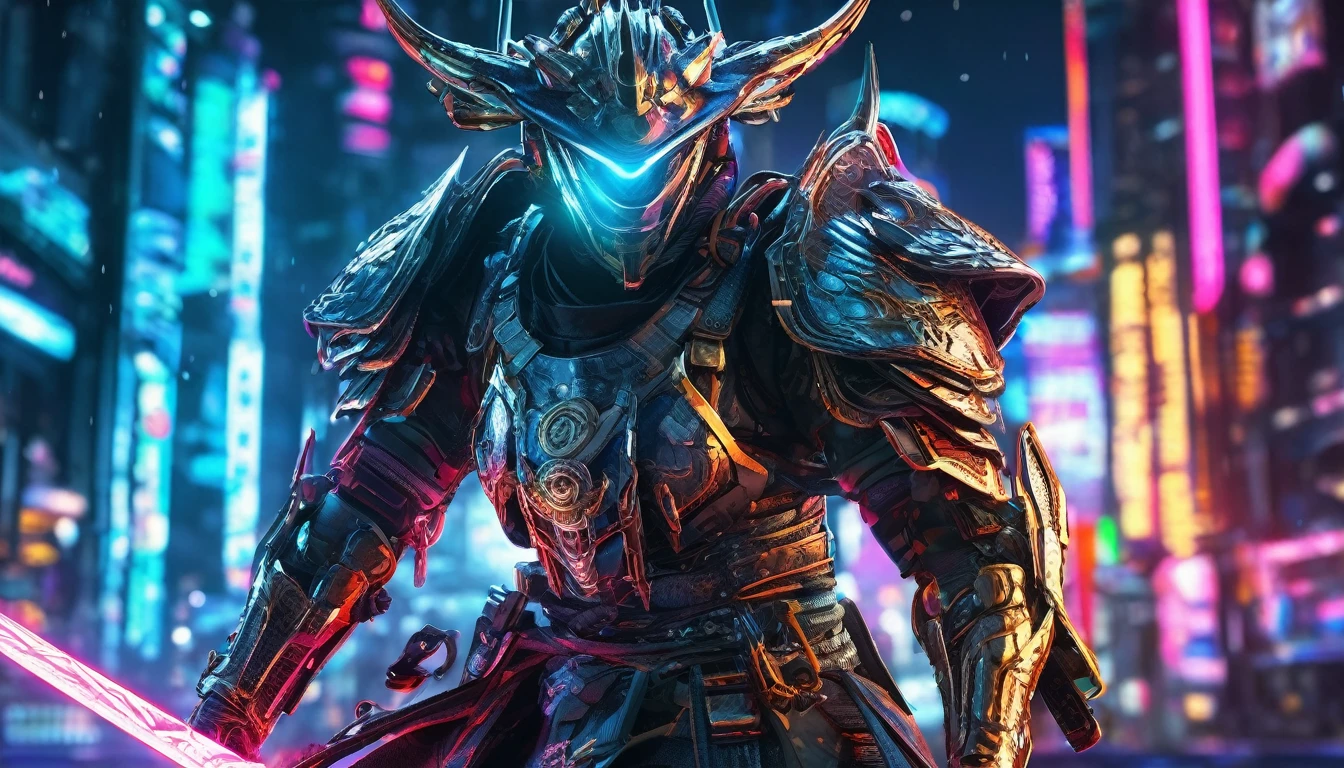 A samurai warrior in liquid metal armor with dragon designs, wielding a neon lit blade, in a cyberpunk arena, full body, (best quality,4k,8k,highres,masterpiece:1.2),ultra-detailed,(realistic,photorealistic,photo-realistic:1.37),HDR,UHD,studio lighting,ultra-fine painting,sharp focus,physically-based rendering,extreme detail description,professional,vivid colors,bokeh,cyberpunk,science fiction,mecha