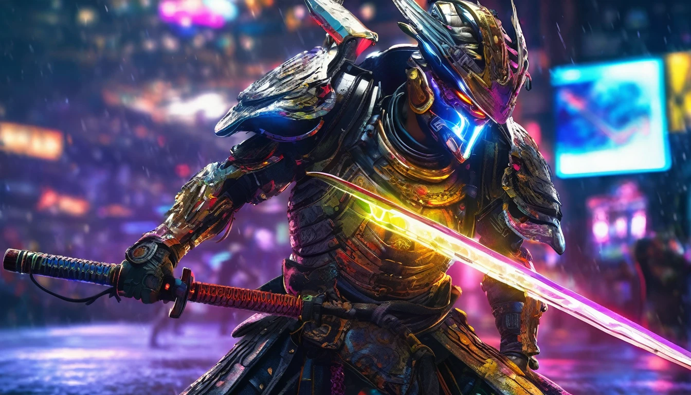 A samurai warrior in liquid metal armor with dragon designs, wielding a neon lit blade, in a cyberpunk arena, full body, (best quality,4k,8k,highres,masterpiece:1.2),ultra-detailed,(realistic,photorealistic,photo-realistic:1.37),HDR,UHD,studio lighting,ultra-fine painting,sharp focus,physically-based rendering,extreme detail description,professional,vivid colors,bokeh,cyberpunk,science fiction,mecha
