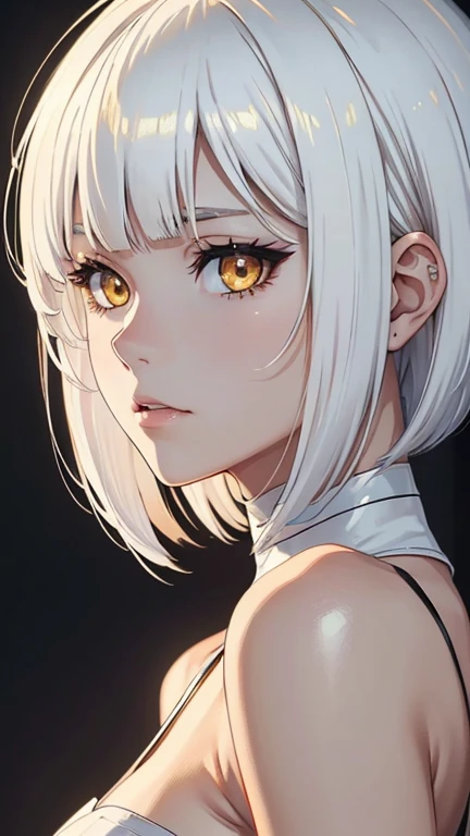 highres, superb quality, Hyper HD, Masterpiece, highly detailed, ((masterpiece)), ((young__face)), ((front view)), (glowing golden eyes), anime girl, gradient (white hair), asymmetrical bob haircut, bob haircut, asymmetrical hair, (shiny skin), white_hair, solo, ❤ love, beautiful