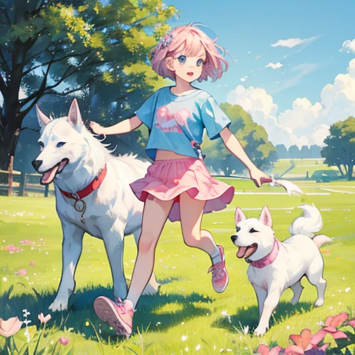 HorsesHuge White Dog、Dog with black toes、One 、、Big eyes、blue eyes、Pink Hair、short hair、T-Shirts,mini skirt,Pink Pochette,Pink sneakers、Running astride a dog、flower,grassland、