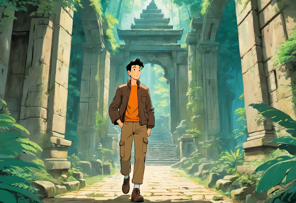Tintin, male wearing dark brown leather jacket, white t-shirt and brown cargo pants, slick and neat short black hair, exploring ancient temple ruins in rainforest, herge, european comics