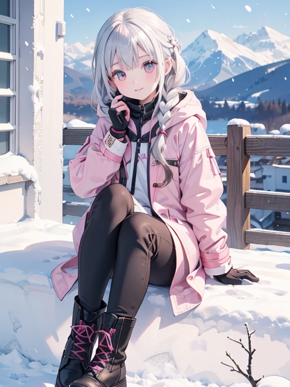 (8k, highest quality, Tabletop:1.2)、Ultra-high resolution, Detailed face, One ****************, Golden Eyes, Silver Hair, Braid, Put on the hood, Pink Coat, gloves, boots, Pants look, Snow Mountain, it&#39;s snowing, Snow around, Snow Mountainを散歩中