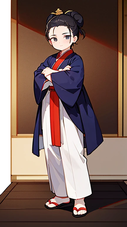Three Kingdoms、Boy in ancient Chinese costume、Intelligent boy、Looking into the camera、There is a topknot on the head、Long sleeve、Hanfu、Black Hair、Standing and posing with arms crossed、part your bangs in the middle