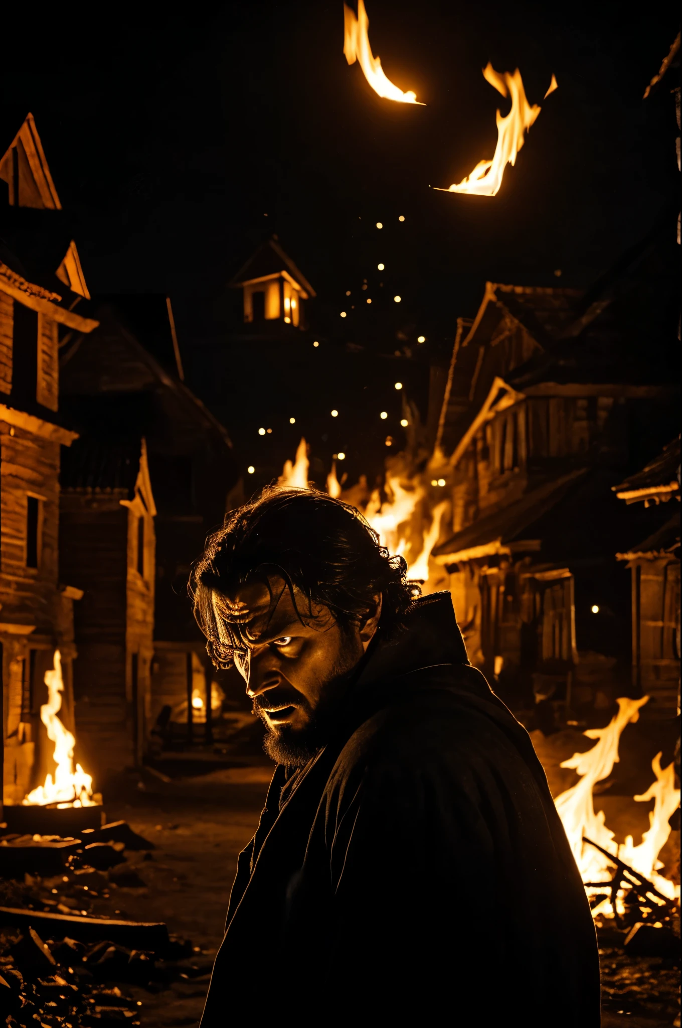 Night scene in an ancient village. In the center, a man is enveloped in flames, wearing simple 18th century villager clothes. His expression shows pain and despair, with his mouth open in a silent scream. The light from the flames illuminates his face frighteningly, highlighting his wide eyes and agony. Shadows of stone and wooden houses are distorted by the flames. Shadowy villager figures stand in the background, watching with mixed expressions of horror and satisfaction, their faces illuminated by the hellish glow. The sky is cloudy and dark, with no moon or stars visible, adding to the feeling of despair and isolation. Thick smoke rises, forming spectral figures that blend with the darkness, as if the night itself were condemning the man. The image conveys the intensity and horror of an unjust execution and the legend of the 'Spirit of Midnight.