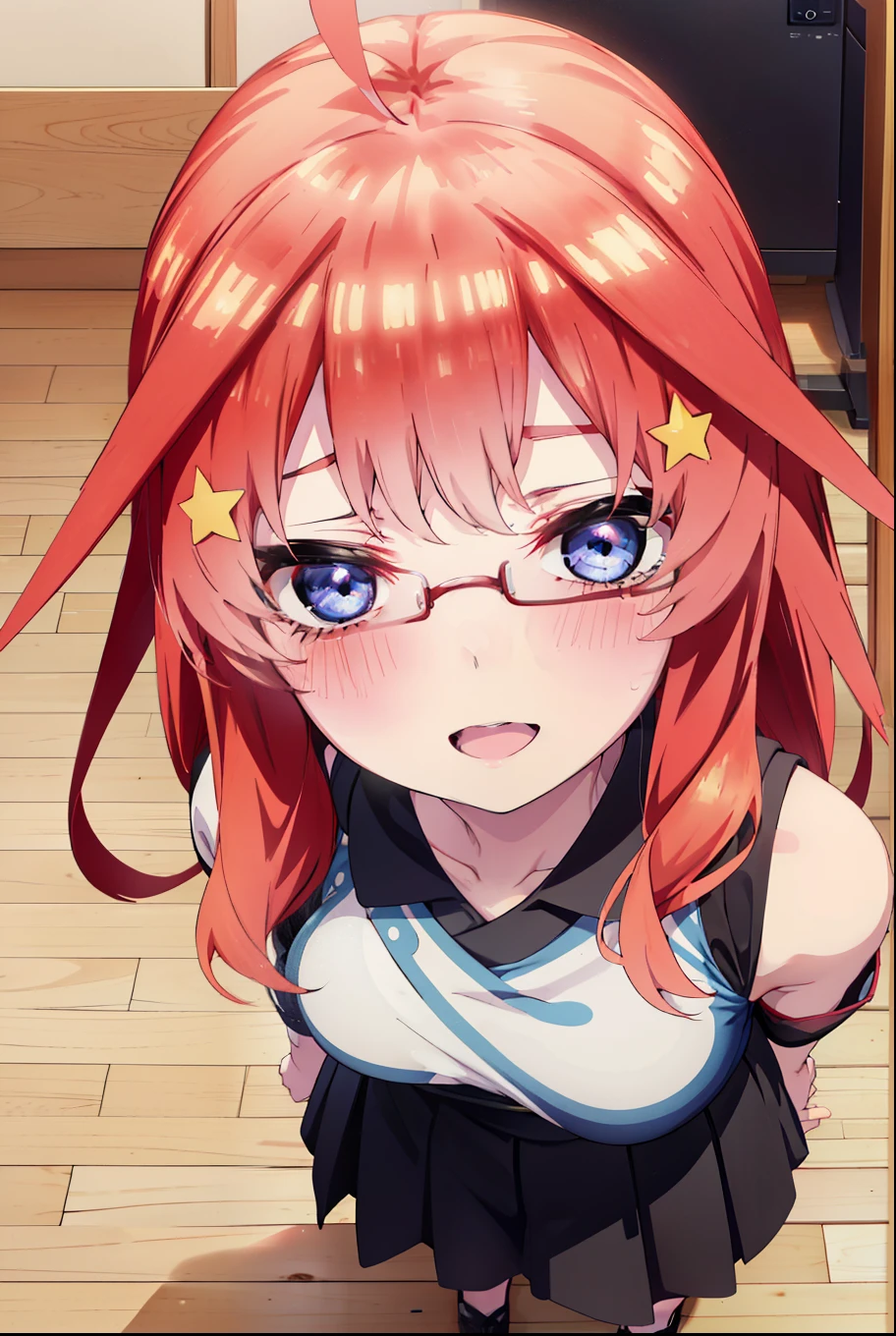 itsukinakano, Itsuki Nakano, bangs, blue eyes, Hair between the eyes, Ahoge, Redhead, star \(symbol\), hair ornaments, star hair ornaments,happy smile, smile, Open your mouth,smile,blush,Akagi glasses,Cold shoulder tops,Short sleeve,Long skirt,Stiletto heels,whole bodyがイラストに入るように,interior,There is a computer on the table,Looking down from above,
break indoors, オフィス
break looking at viewer, whole body,
break (masterpiece:1.2), highest quality, High resolution, unity 8k wallpaper, (figure:0.8), (Beautiful fine details:1.6), Highly detailed face, Perfect lighting, Highly detailed CG, (Perfect hands, Perfect Anatomy),