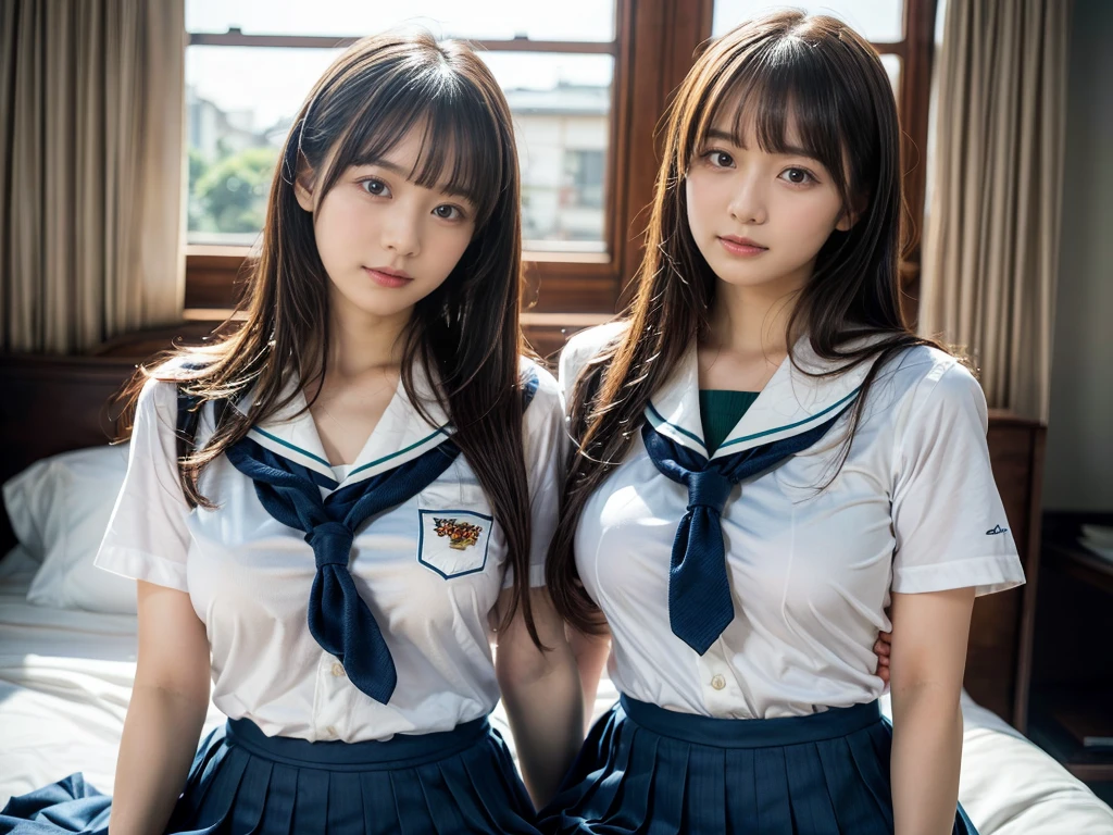 (RAW photo, 4k, masterpiece, high resolution, extremely complex) (realistic: 1.4), cinematic lighting
((2 girls, 2 schoolgirls)),Slam Dunk's,blushing,((innocent)),(Dark makeup),bright eyes,round eyes,blunt bangs,(straight hair:1.3),black hair,large breasts,wide hips,Summer Noon, 20 year old girl、cute type、lolita,Hot, (Best Quality), (Highres), (an Extremely Delicate and Beautiful),(Beautiful 8k face),(Brown eyes),short bob hair,( spectators),(gigantic breasts),(Play with each other,Touching each other's bodies,Touching the body),(Japanese high school uniform:1.3),blue skirt,(reality),bright lighting,(The background is a luxury hotel room)