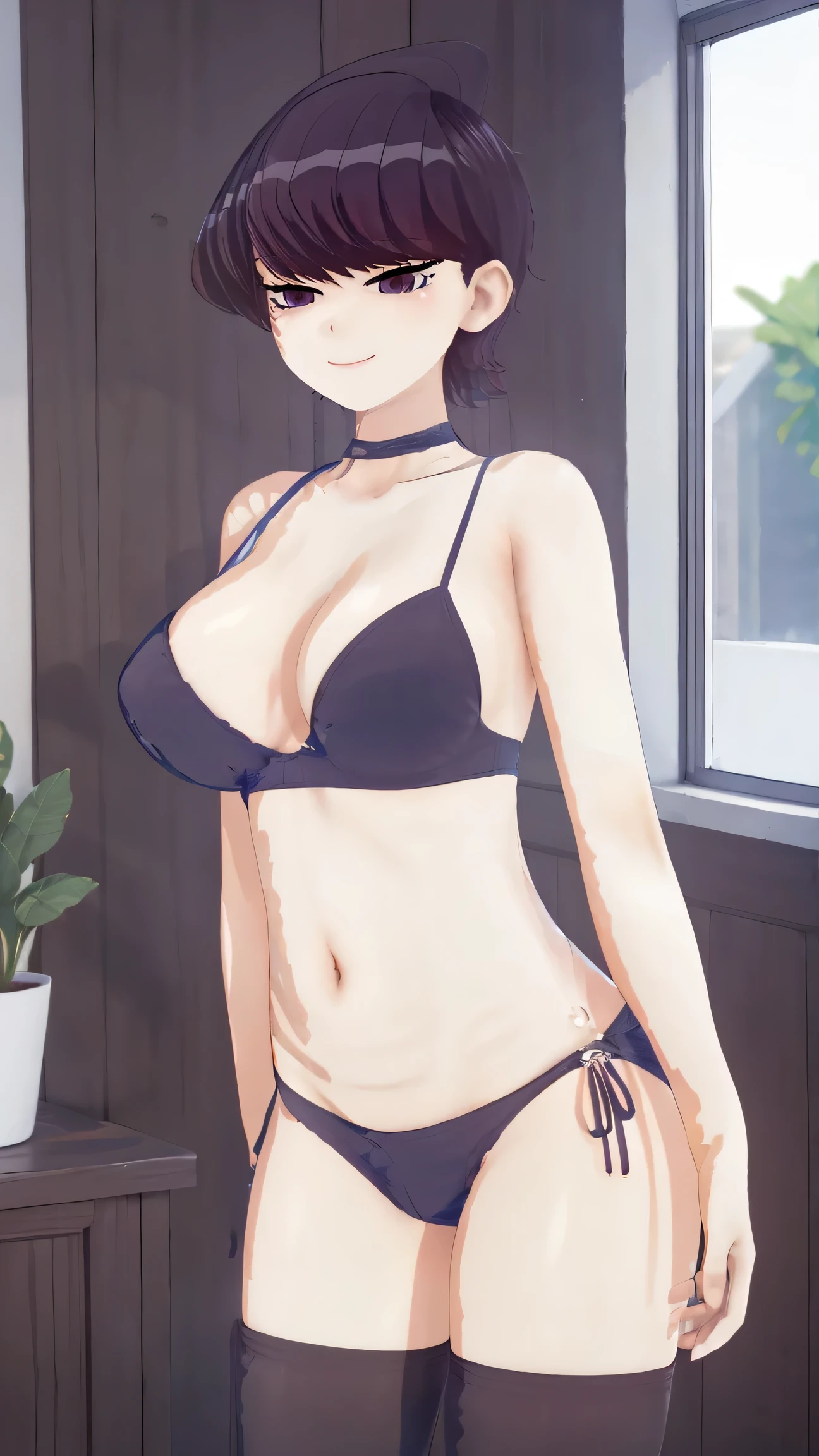 1girl, side-tie panties, breasts, side-tie bikini, choker, solo, cleavage, navel, long hair, potted plant, (large breasts:1.2), thighhighs, indoors, underwear, book, plant, panties, window, looking at viewer, parted lips, black choker, thighs, black legwear, lips, brown hair, patreon username, cowboy shot, watermark, standing, bangs