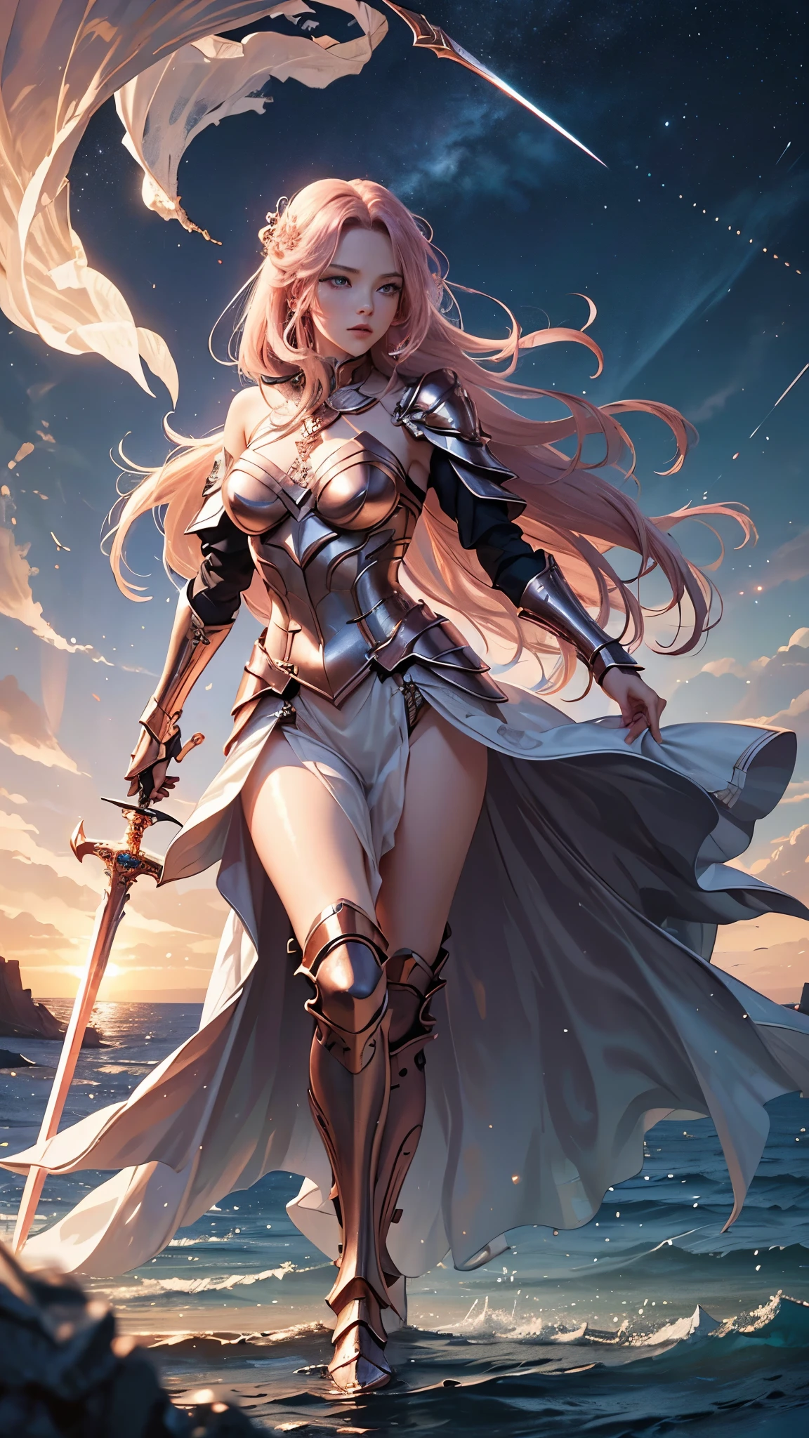 Sexy, rose gold armor, high detail, rose platinum long flowing hair, sexy pose, big , water, galaxy, Korean face, pretty eyes, holding thin sword, beautiful warrior 
