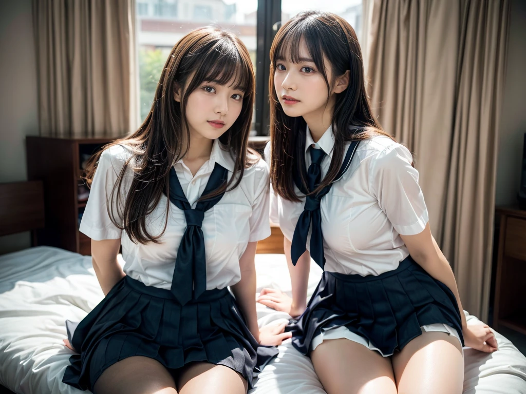 (RAW photo, 4k, masterpiece, high resolution, extremely complex) (realistic: 1.4), cinematic lighting
((2 girls, 2 schoolgirls)),Slam Dunk's,blushing,((innocent)),(Dark makeup),bright eyes,round eyes,blunt bangs,(straight hair:1.3),black hair,large breasts,wide hips,Summer Noon, 20 year old girl、cute type、lolita,Hot, (Best Quality), (Highres), (an Extremely Delicate and Beautiful),(Beautiful 8k face),(Brown eyes),short bob hair,( spectators),(gigantic breasts),(Play with each other,Touching each other's bodies,Touching the body),(Japanese high school uniform:1.3),blue skirt,(reality),bright lighting,(The background is a luxury hotel room)