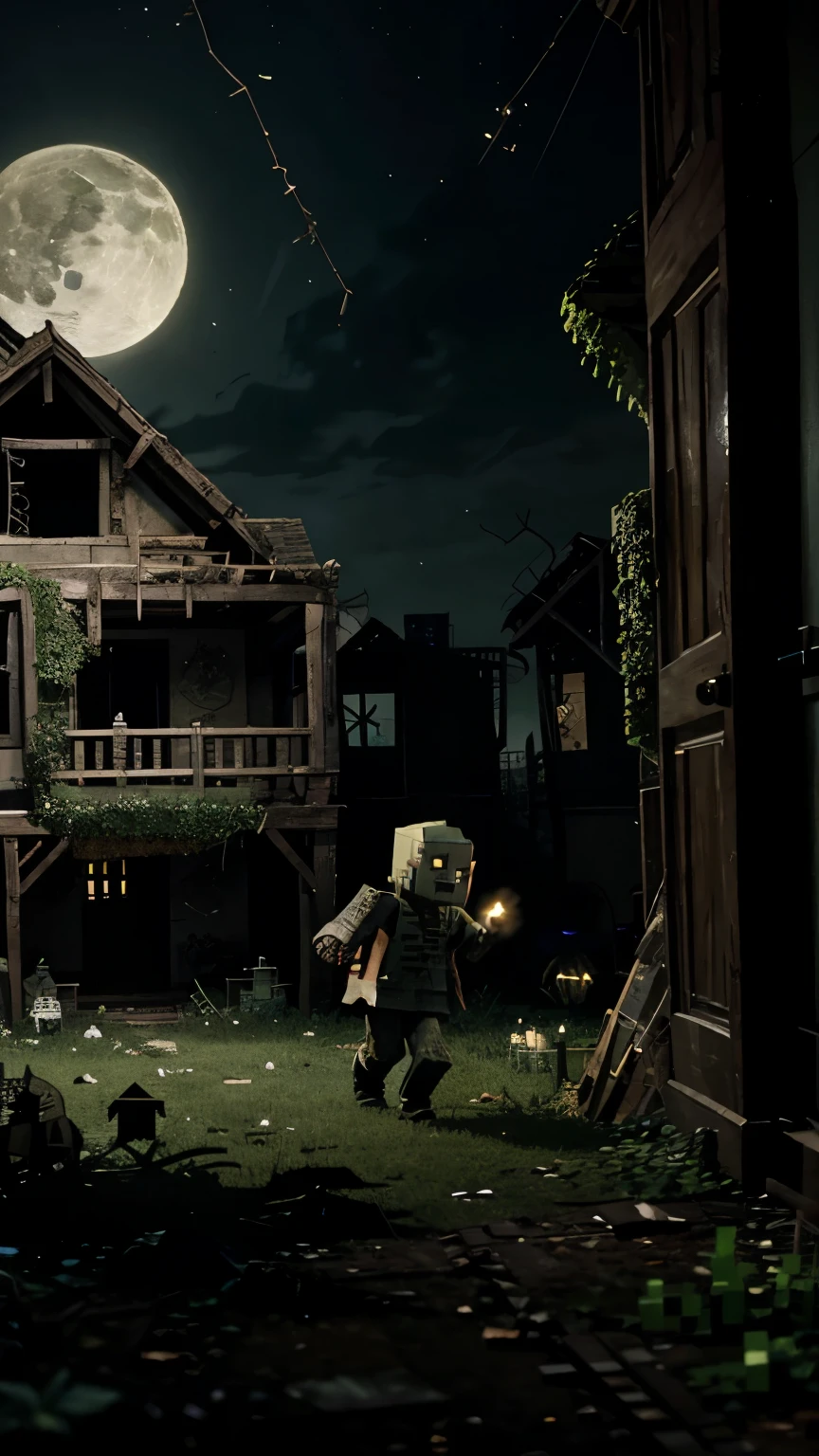  Image:
- Background: A spooky, old haunted house with broken windows, overgrown vines, and a full moon in the sky.
- Foreground: A Minecraft player character holding a torch, cautiously navigating through the house.
- Inside the house: A frightened  villager trapped in a cage, surrounded by creepy creatures like zombies, skeletons, spiders, and a ghost lurking in the shadows.