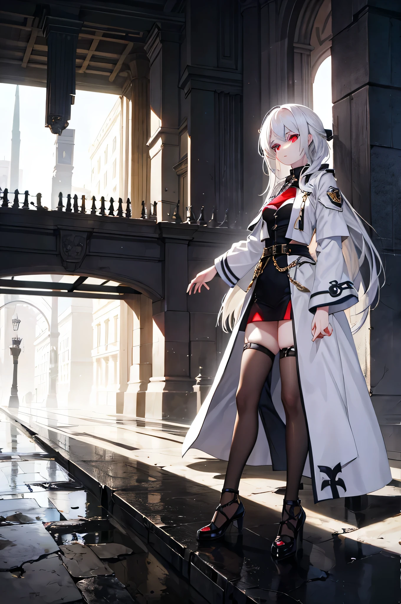 White hair girl, perspective poses, dramatic light,red eye