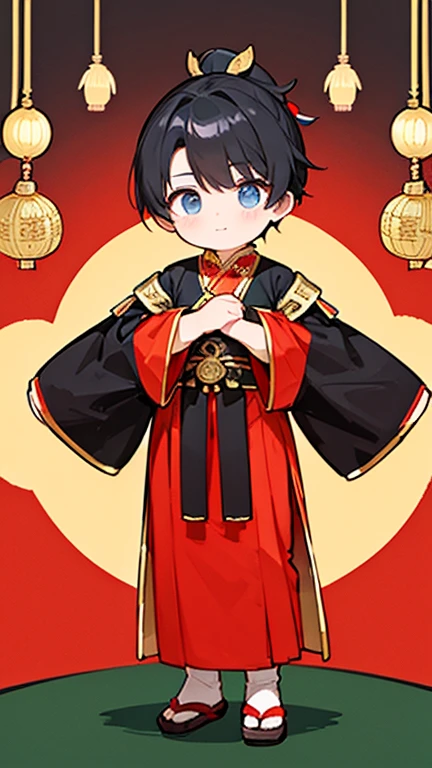 Three Kingdoms、Boy in ancient Chinese costume、Intelligent boy、Looking into the camera、There is a topknot on the head、Long sleeve、Hanfu、Black Hair、Standing and posing with arms crossed、part your bangs in the middle