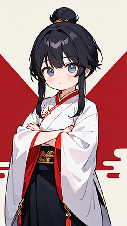 Three Kingdoms、Boy in ancient Chinese costume、Intelligent boy、Looking into the camera、There is a topknot on the head、Long sleeve、Hanfu、Black Hair、Standing and posing with arms crossed、part your bangs in the middle