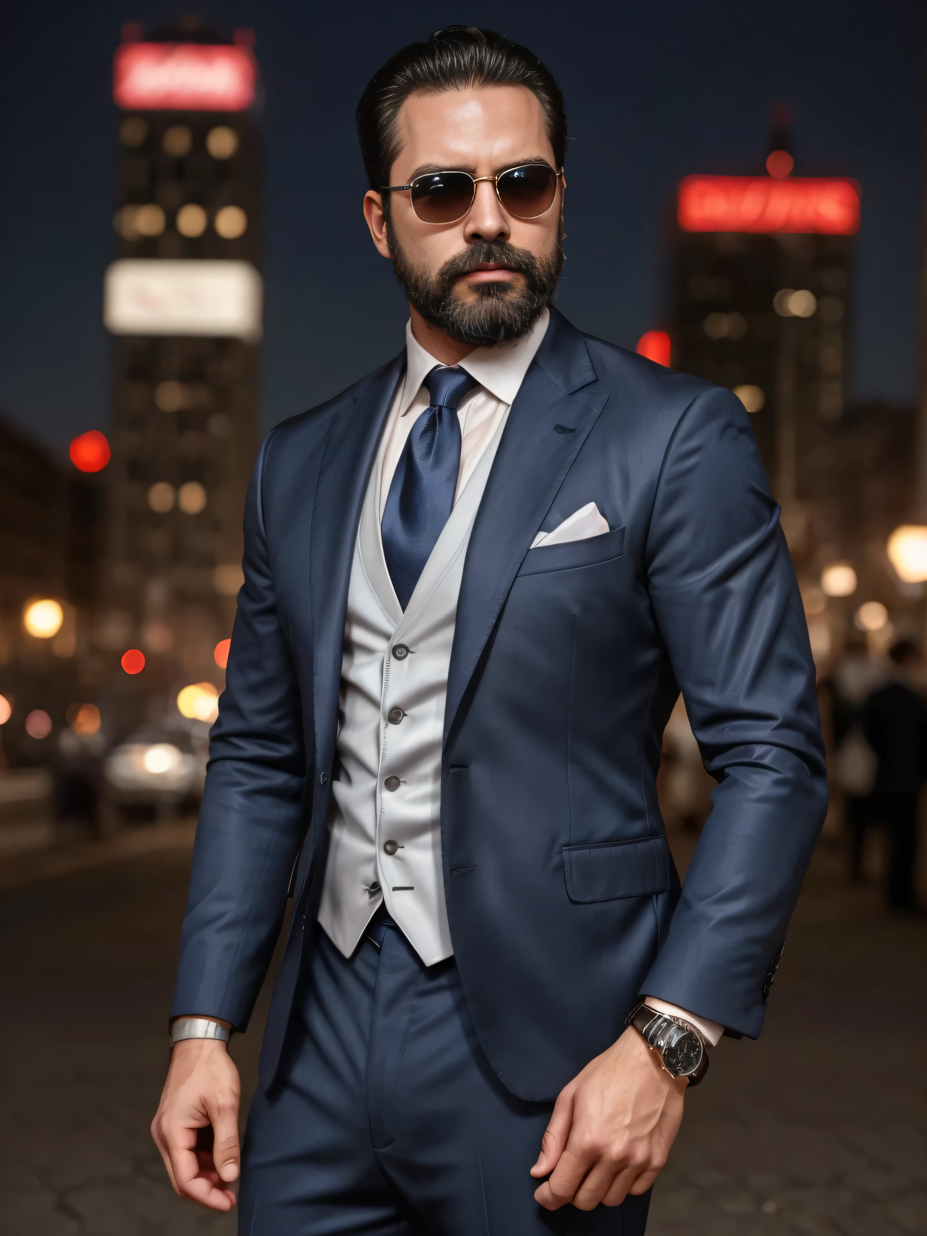 Create an image of a 38-year-old man with a neatly trimmed beard and stylish sunglasses. He is dressed in modern, elegant attire, featuring a tailored dark blue suit with a subtle sheen, a crisp white dress shirt, and a silk tie in a sophisticated pattern. The jacket is perfectly fitted, highlighting his broad shoulders, and the trousers have a sharp crease. He wears a sleek silver wristwatch, and a hint of a pocket square peeks from his breast pocket. The background is a chic, urban setting with blurred city lights, emphasizing his stylish and confident demeanor. The focus is on the upper body in a medium shot