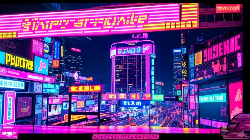 Pixel Games，Set design，Fantastic scene，Cyberpunk Style，Neon color，High saturation，Space City，Lots of signs,temporarily stopped， Pink glow,Chinese style signboard