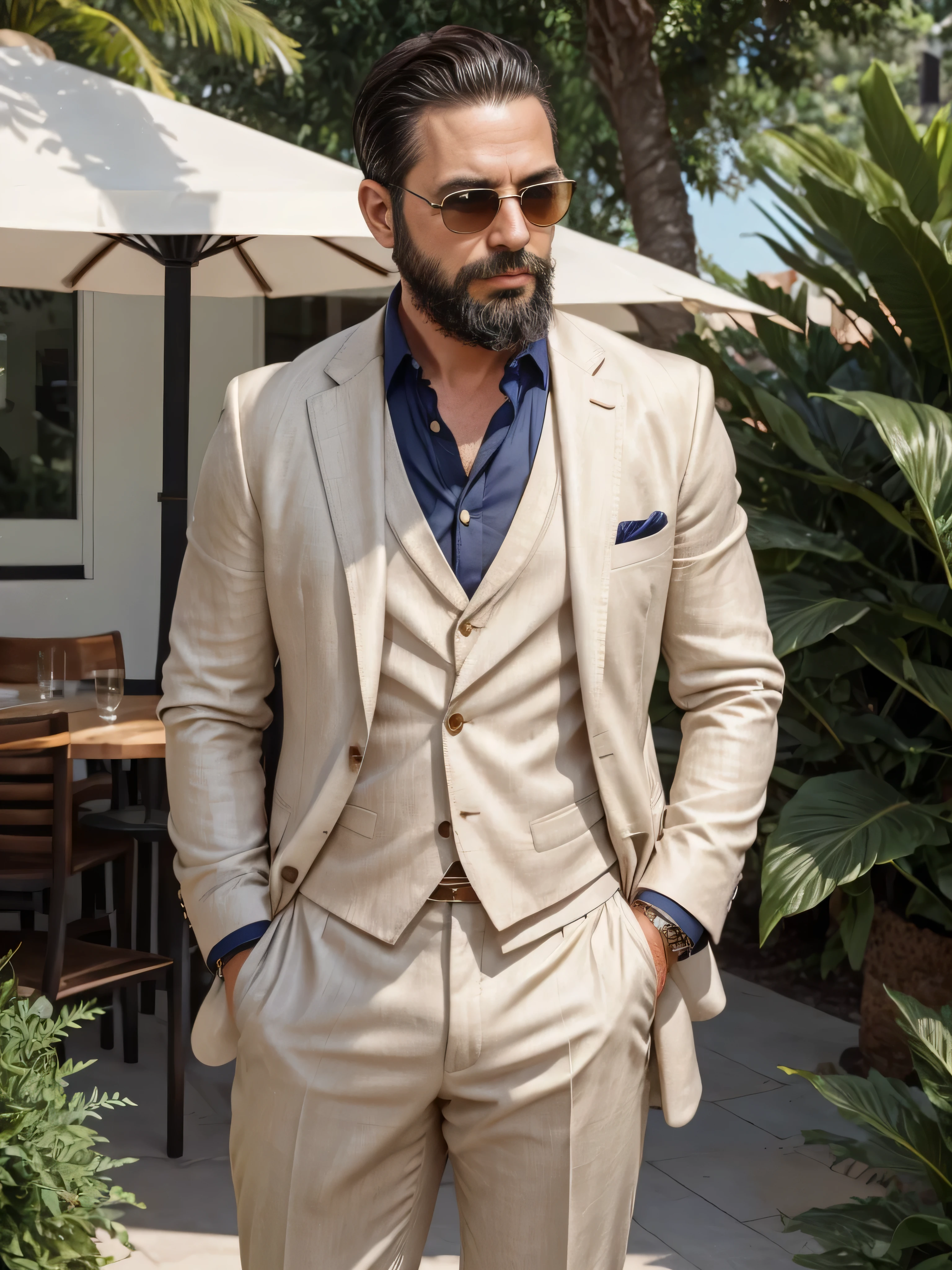 A sophisticated 38-year-old man with a well-groomed beard and sleek sunglasses, dressed in elegant summer attire. He is wearing a tailored light linen blazer in a soft beige color, paired with a crisp white dress shirt and a navy blue pocket square for a pop of color. His trousers are matching beige linen, creating a harmonious, refined look. The sunglasses are modern, with round frames and a subtle metallic finish. The setting is an upscale outdoor café with a blurred background of elegant tables and vibrant greenery, emphasizing his stylish summer fashion in a medium shot of his upper body.