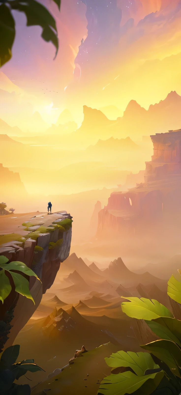 man standing on a cliff, dramatic background, cinematic background, stunning screenshot art, breathtaking landscape, epic scenery, sorcery, unreal engine 4k wallpaper, western forbidden lands, grand vista, epic environment, awe-inspiring mysterious background, avatar-like scenery, beautiful epic vista, inspired by Sylvain Sarrailh, picturesque mountainside
