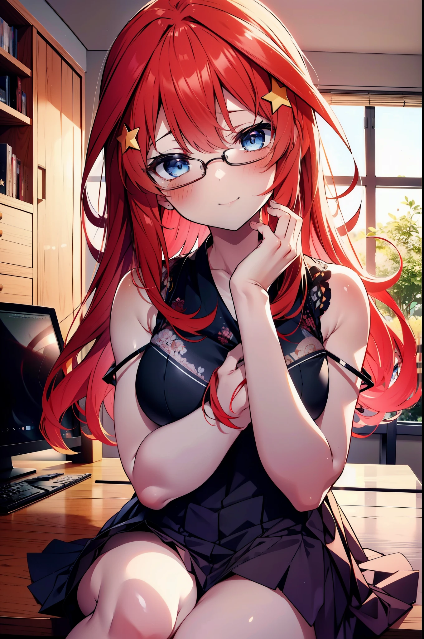 itsukinakano, Itsuki Nakano, bangs, blue eyes, Hair between the eyes, Ahoge, Redhead, star \(symbol\), hair ornaments, star hair ornaments,happy smile, smile, Open your mouth,smile,blush,Akagi glasses,Cold shoulder tops,Short sleeve,Long skirt,Stiletto heels,whole bodyがイラストに入るように,interior,There is a computer on the table,Looking up from below,
break indoors, オフィス
break looking at viewer, whole body,
break (masterpiece:1.2), highest quality, High resolution, unity 8k wallpaper, (figure:0.8), (Beautiful fine details:1.6), Highly detailed face, Perfect lighting, Highly detailed CG, (Perfect hands, Perfect Anatomy),
