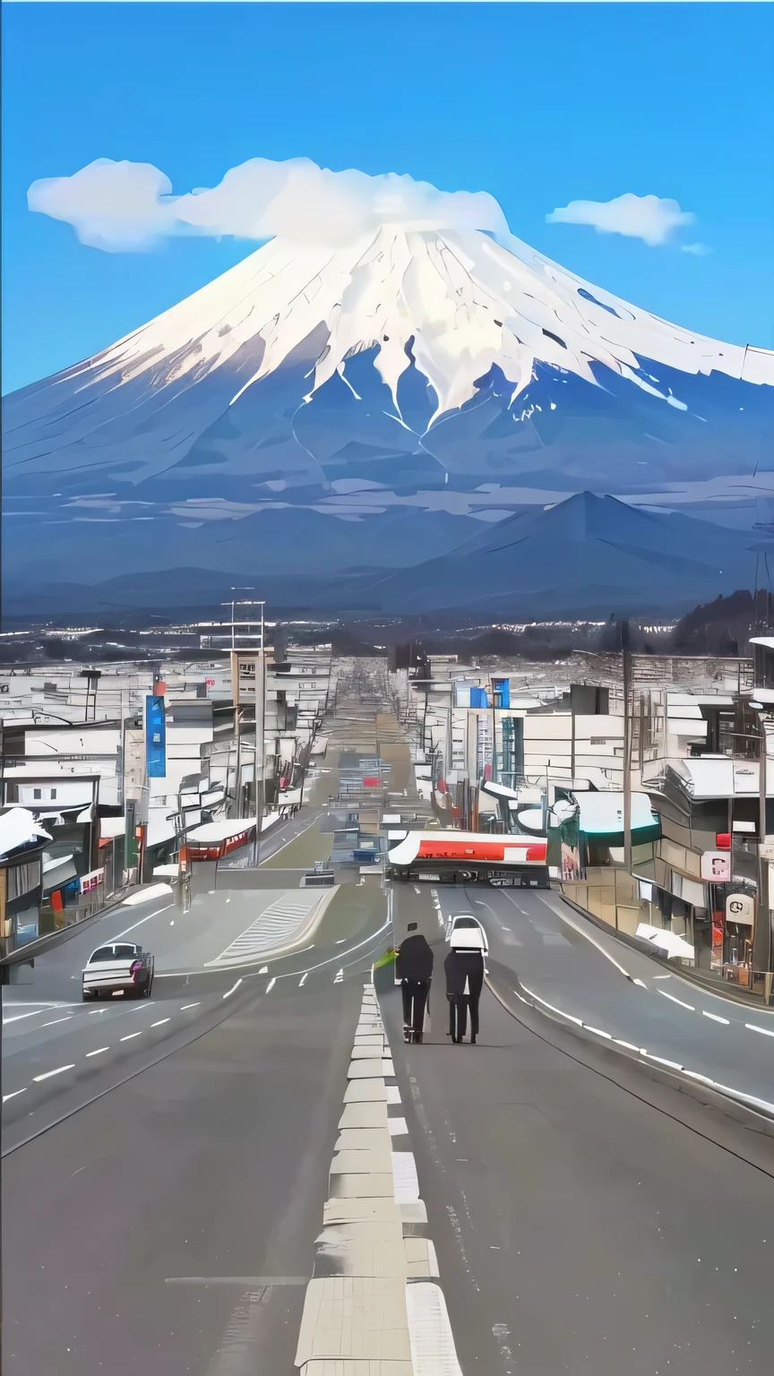 arafed mountain in the distance with a road and people walking on it, mount fuji in the background, mount fuji, mt. fuji, mount fuji on the background, Beasts, vintage footage on tokyo streets, 🚿🗝📝, aomori japan, japanese city, japanese downtown, tokyo in the background, in tokio